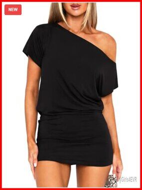 Off Shoulder Mini Dress Loose Short Sleeve Bodycon Wrap Club Rave Going Out